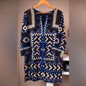 Vince Camuto Geometric Tribal Sheath Dress Blue Black Lined Size 14 NWT